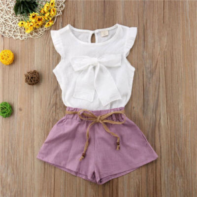 

3PCS Toddler Baby Kids Girls Chiffon Bow T-Shirt TopsShorts Pants Outfits Set