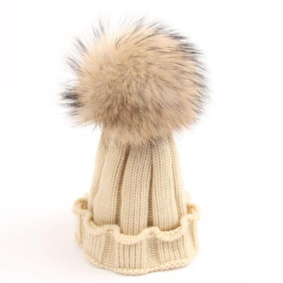 

Baby Boys Girls Winter Ball Knit Faux Raccoon Fur Pom Bobble Beanie Hat Ski Caps