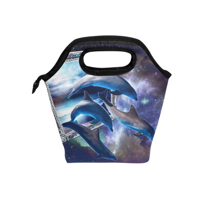 

Insulated Lunch Tote Bag Artistic Dolphins Travel Picnic Lunch Handbags Portable Zipper Lunch Bag Box