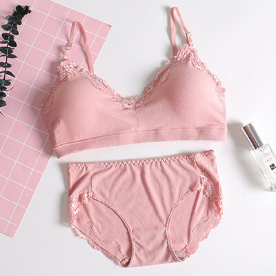 

LAXJOY Lang Yue 2018 sexy thread cotton no steel ring adjustable shoulder strap back buckle ladies lace bra set LNWX189379 pink one size