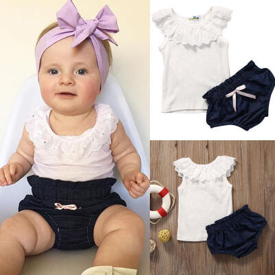 

2pcs Infant Toddler Baby Girl Clothes T-shirt Lace Tank TopsShorts Outfits Set