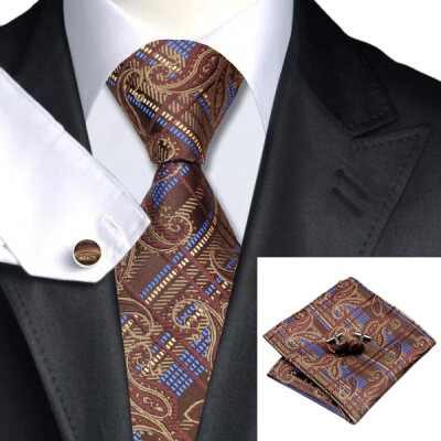 

N-0540 Vogue Men Silk Tie Set Brown Paisley Necktie Handkerchief Cufflinks Set Ties For Men Formal Wedding Business wholesale