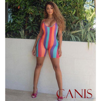 

US New Womens Spaghetti Strap Rainbow Striped Backless Clubwear Casual Jumpsuit