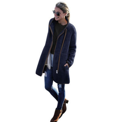 

Womens Winter Fluffy Fleece Jacket Cardigans Zip UP Pocket Outwear Overcoat -XL