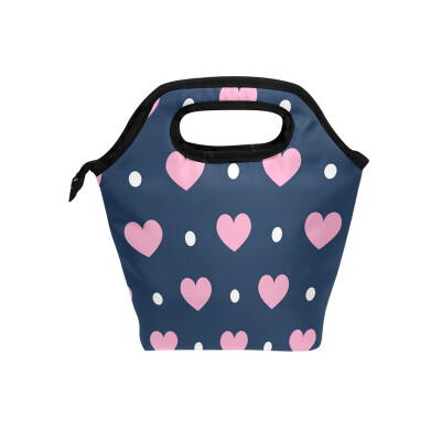 

White Dot Pink Loving Heart Lunch Bag Tote Travel Picnic Insulated Handbags Portable Zipper Lunch Bag Box