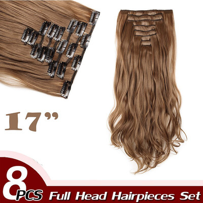 

17" Curly Hair Full Head Clip in Hair Extensions Synthetic 8 Piece 18 Clips Hairpiece Long Wave Trendy Design for Women