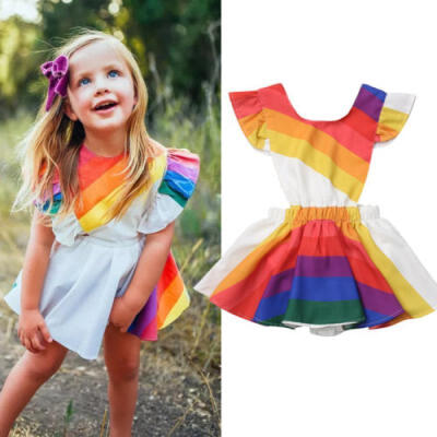 

AU Kids Baby Girl Romper Dress Rainbow Striped Dress Ruffle Sleeve Party Dresses