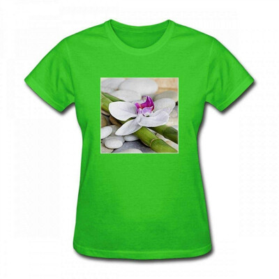 

Andrea Haase Nature Photography White Orchid Flower on Green Bamboo Stick with Pebbles Women T-Shirt