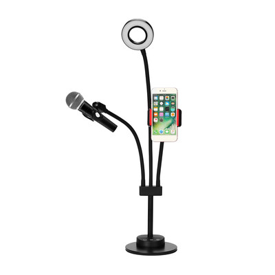 

3 in 1 Lazy Bracket Phone Stand with Microphone Holder Flexible Cellphone Clip with 24 LED Lightbeads Selfie Ring Light for Live