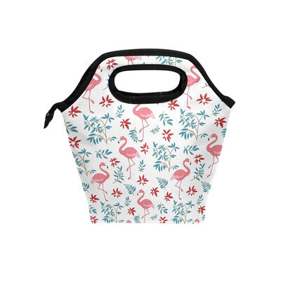 

Lunch Bag Green Leaves Flamingos Tote Travel Picnic Insulated Handbags Portable Zipper Lunch Bag Box