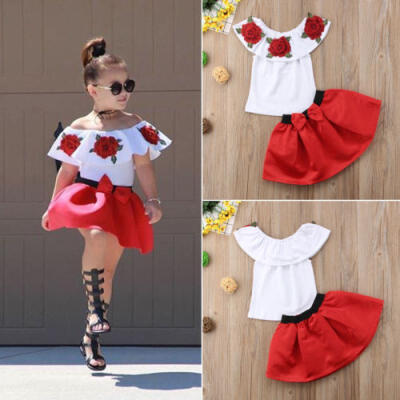 

Kids Baby Girl Off Shoulder 3D Rose Flower Blouse Top Dress Skirt Outfit Clothes