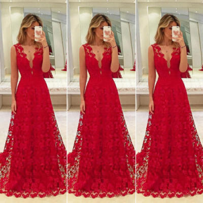 

Womens Long Lace Dress Evening Formal Party Prom Wedding Bridesmaid Ball Gown US