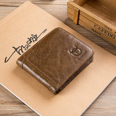 

BULLCAPTAIN Vintage Leather Trifold Wallet Men Short Hasp Wallet CASUAL MALE Zipper Wallets Card Holder Money BAG Coin Purse