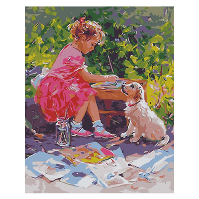 

UpperX Little Girl Figure And Animal Dog Scenery Pattern Wall Art Canvas Decoration Oil Painting Home Decoration Wall Picture Gift
