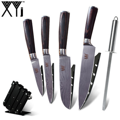 

XYj 4 PCS Kitchen Knives Stainless Steel Sharp Blade Knife With Sharpener Bar Black Knife Holder