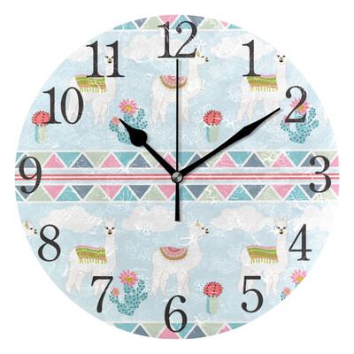 

Wall Clock Cute Llama Castus And Flower Round Wall Clock Arabic Numerals Design