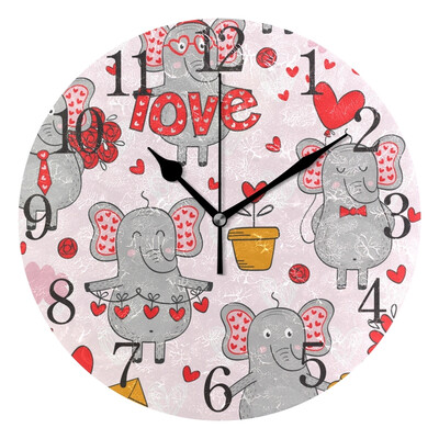 

Wall Clock Pattern With Elephant In Love Round Wall Clock Arabic Numerals Design