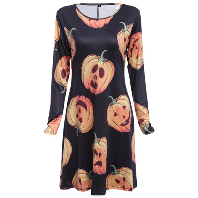 

Trendy Round Collar Pumpkin Print A-line Halloween Women Dress