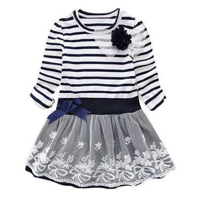

Toddler Kid Baby Girls Flower Striped Lace Princess Party Pageant Dress Sundress