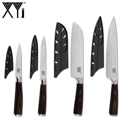 

XYj Stainless Steel 4PCS Knife Set Free Covers Damascus Pattern Blade Color Wood Handle Chef Knives
