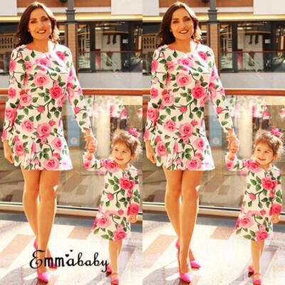 

Mother And Daughter Floral Long Sleeve Matching Dresses Mom Girls Family Skirt