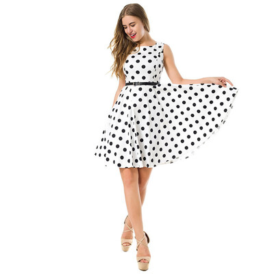 

Vintage Womens Party Dress Summer Belted Fit Flare Print Floral Swing O Neck Polka Dots Female Robe Dresses