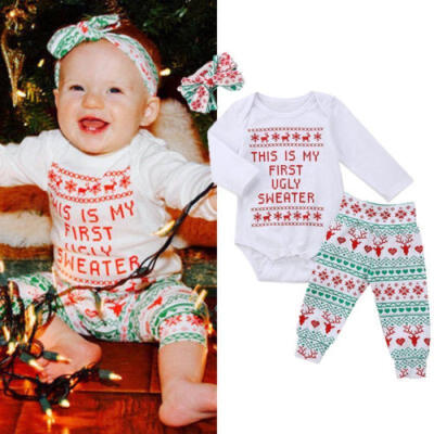 

AU Newborn Baby Boy Girl Deer Xmas Romper Bodysuit Pants Headband Outfit Clothes