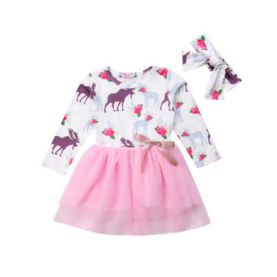 

XMAS Toddler Kids Baby Girl Party Deer Long Sleeve Tutu Tulle Dress Clothes 1-6T