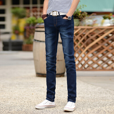 

Longyue Men's Cowboy Длинные брюки Корейский стиль Брюки Брюки Мода в поясе стрейч Тонкие карандашные брюки LMGUKN1658 Синий 32