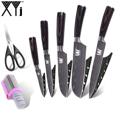 

XYj Damascus Veins Stainless Steel Knife Set 5 PCS Kitchen KnifeElectric Knife Sharpener Kitchen Scissor