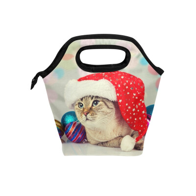 

Lunch Tote Bag Chrismas Cat Travel Picnic Insulated Lunch Handbags Portable Zipper Lunch Bag Box