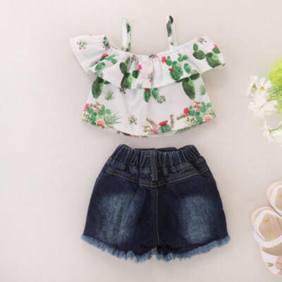 

2Pcs Newborn Baby Girl Cactus Print Off Shoulder Tops Ripped Short Jeans Clothes