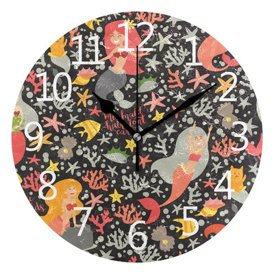 

Wall Clock Arabic Numerals Design Mermaids Girls Round