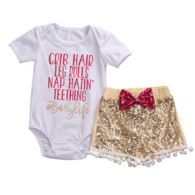 

AU Ship 3Pcs Baby Girl Short Sleeve Tops Romper Sequin Pants Outfits Set Clothes
