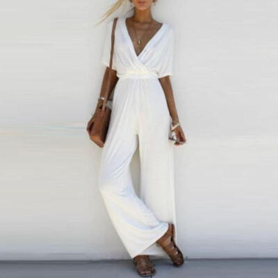 

US Women V Neck Loose Playsuit Party Ladies Romper Short Sleeve Long Jumpsuit