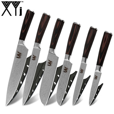 

XYj 6pcs Stainless Steel Kitchen Knife Set High Carbon Sharp Blade Color Wood Handle with Cover Fish Meat Fruit Cooking Accessorie