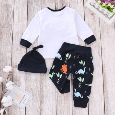 

Newborn Infant Baby Boy Casual TopsDinosaur Long Pants Hat 3Pcs Outfits Clothes