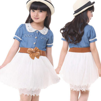 

Girls Kids Teenager Denim And Tulle Stitching Tulle Dress Party Dresses UK Stock