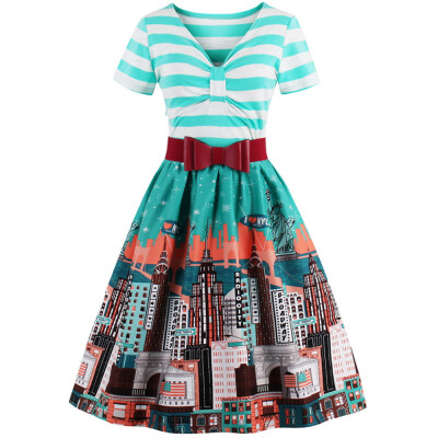 

Striped Bowknot Printed Flare Dress