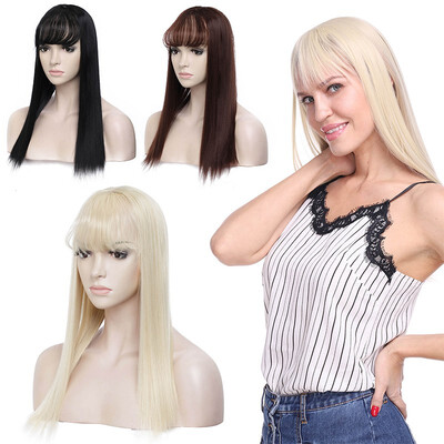 

17" Long Straight Hair Topper With Thin Air Bangs Clip In Hair Middle Part Synthetic Hairpiece For Women