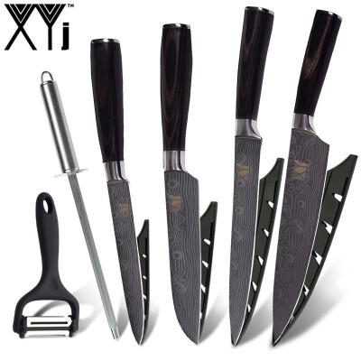 

XYj Multifunction Peeler Kitchen KnivesDamascus Veins Blade Stainless Steel Kitchen Knife And Sharpener Bar