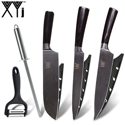 

XYj Kitchen Knives Beauty Pattern Blade Kitchen Stainless Steel Knife Set Multifunction Peeler Sharpener Bar
