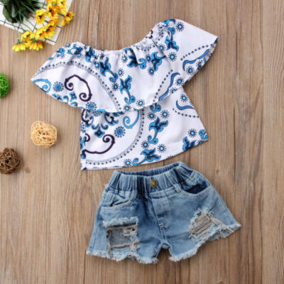 

AU Canis Kids Baby Girl Top T shirtRipped Jeans Denim Shorts Casual Outfits Set