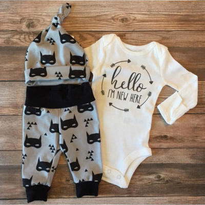 

Newborn Baby Boys Romper TopsBatman Print Pants Leggings Hat 3Pcs Outfits Set