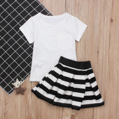 

Kids Baby Girl Cotton Top T-shirt Tutu Stripe Skirt Outfit Set Summer Clothes