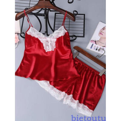 

2pcs Women Sexy Satin Lace Sleepwear Babydoll Lingerie Nightdress Pajamas Set