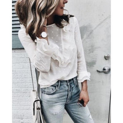 

2018 Newly Mesh Hollow Lace Women Shirt Tops Ruffle Long Sleeve Chiffon Blouse