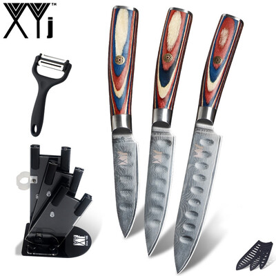 

XYj 5pcs Damascus Steel Knives Set Peeler Plastic Knife Holder Paring Utility Slicing Knives