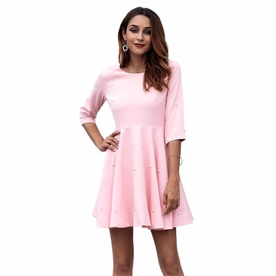 

Fashion Womens Pink A-line Skirt Seven-point Sleeve Dresses