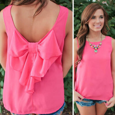 

US Stock Women Chiffon Bowknot Top Sleeveless Shirt Casual Blouse Loose T-shirt